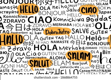 Hola en diferentes idiomas diseño de fondo de textura repetitiva sin fisuras para telas de moda, artes murales, papel tapiz, etc