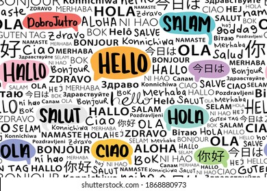 Hello in different languages seamless pattern repeating texture. Background design for school, hotels, fashion graphics, fabrics, wallpapers, wall arts etc