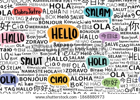 Hello in different languages seamless pattern repeating texture. Background design for school, hotels, fashion graphics, fabrics, wallpapers, wall arts etc