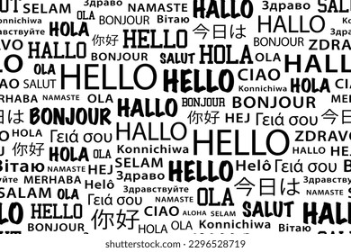 Hello in different languages word cloud. Seamless pattern repeating texture background. Vector illustration design.