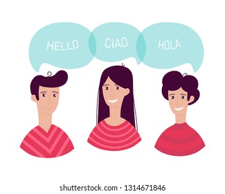 Hello in different languages of the world. Communication between people, a greeting.