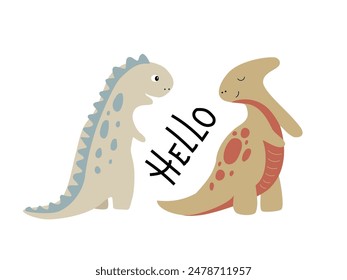 Hello dino lettering with couple of dinosaurs. Cute dino boy and dino girl introduce oneself. Doodle design for girls, kids. Hand drawn funny children's illustration for fashion clothes, fabric.