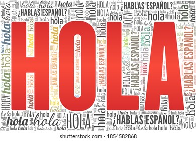 Hello! Do you speak Spanish? (Hola! Hablas Espanol?) vector illustration word cloud isolated on a white background.