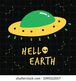 Hello earth alien print poster. A playful, modern, and flexible print for brand who has cute and fun style. Happy, bright, and magical mood.