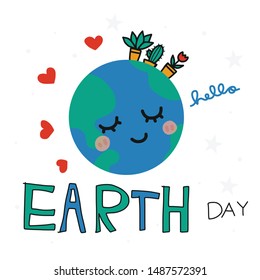 Hello Earth Day cute earth smile cartoon vector illustration doodle style
