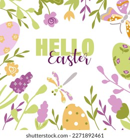 Hello Easter banner concept decorated with eggs and flowers on white background.Vector illustration for web banner ,social media,greeting card,promotion, poster, flyer