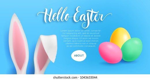 Hello easter bunny flayer. Pink card with rabbit ears, eggs and button. Vector illustration of animation screen