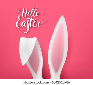 Hello easter bunny lettering. Funny greeting card with ears of rabbit on pink background. Vector illustration of banner