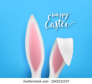 Hello easter bunny lettering. Funny greeting card with ears of hare on blue background. Vector illustration of banner