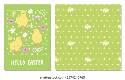 Hello Easter card with chicken and daisy seamless pattern. Colorful collection with cute birds, flowers and dots. Green, pink and yellow colors. Vector design for textile. Spring flat  illustration.