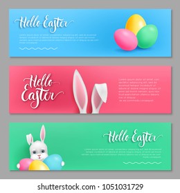 Hello easter cards set. Pink, blue and green coupons with rabbit ears and happy fluffy and eggs with lettering. Vector illustration