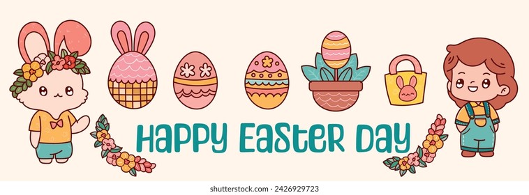 Hello Easter cute bunny child spring and summer flowers illustration