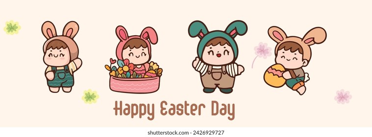 Hello Easter cute bunny child spring and summer flowers illustration