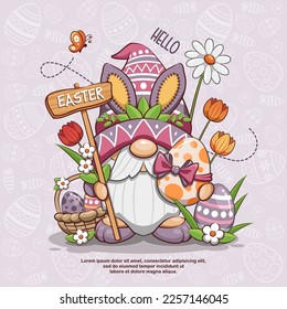 Hola Pascua Con Gnome Gracioso Y Huevo De Pascua. Ilustración de dibujos animados simples