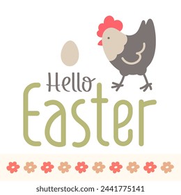 Hello Easter Lettering. Cute illustration with chicken, eggs, flowers. Vector design elements for card, poster, flyer and other use. Vector illustration