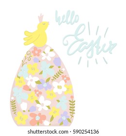 Hello Easter quote. Greeting Easter background with egg and cute bird. Vector Illustration