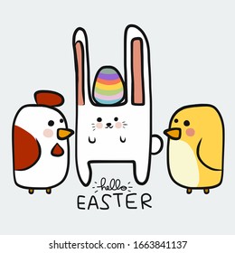 Hello Easter rabbit and friend have colorful egg cartoon vector illustration