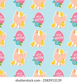 Hello Easter seamless pattern with hen and chick. Cartoon background with egg, flowers, hand written and birds. Pink,green,blue and yellow colors. Vector design for textile, wallpaper,festive cover.