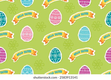 Hello Easter sign and eggs with ornaments. Seamless pattern with colorful objects on green background. Pink,blue and yellow colors. Vector design for textile, wallpaper, festive cover, wrapping paper.