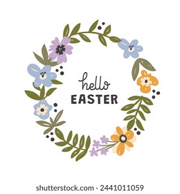 Hello Easter vector illustration concept in flowers wreath. Modern style graphic. Perfect for a social media post, greetings, poster, cover or postcard