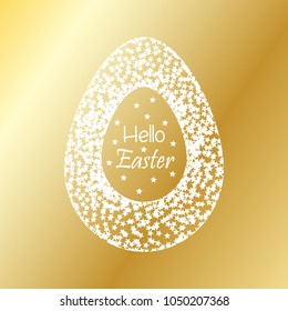 Hello Easter vector illustration with star shape confetti and gold or metal colored gradient elements. Happy easter greeting logo or icon.