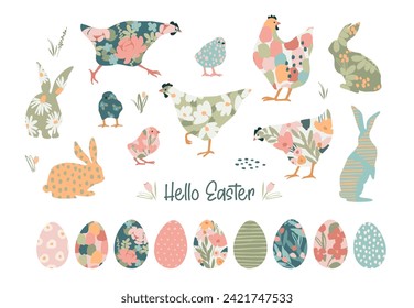 Hello Easter. Vector set of cute illustration. Chicken, bunnies , flowers, eggs. Design elements for card, poster, flyer and other use.