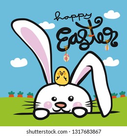 Hello Easter white rabbit and baby chick friend in carrot farm cartoon vector illustration doodle style
