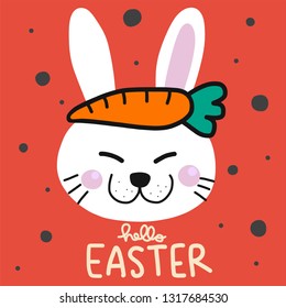 Hello Easter white rabbit with carrot on head cartoon vector illustration doodle style