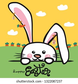 Hello Easter white rabbit in carrot farm cartoon vector illustration doodle style