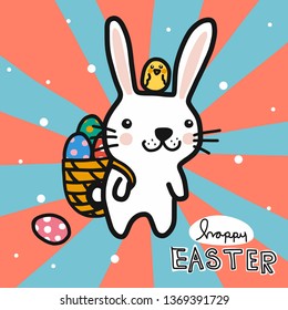 Hello Easter white rabbit carry Easter egg basket and baby chick friend cartoon vector illustration doodle style