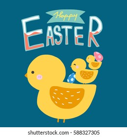 Hello Easter word and cute chicken family cartoon illustration on dark blue background