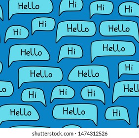 Hello, English, seamless pattern, blue, color, vector. Blue clouds with the word "Hello" on a blue field. 