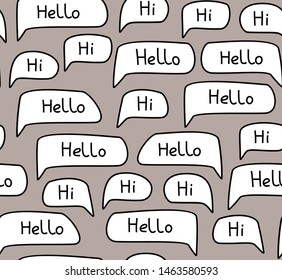 Hello, English, seamless pattern, gray, vector. White clouds with the words "Hello" on a gray field. 