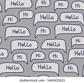Hello, English, seamless pattern, gray, color, vector. Gray clouds with the words "Hello" on a gray field. 
