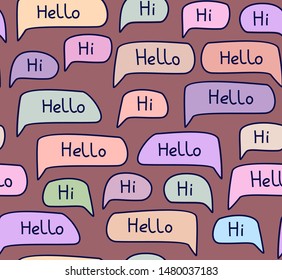 Hello, English, seamless pattern, multi-colored, vector, brown. 
