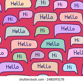 Hello, English, seamless pattern, multicolored, vector, crimson. Colored clouds with the words "Hello" on the ruby field. 