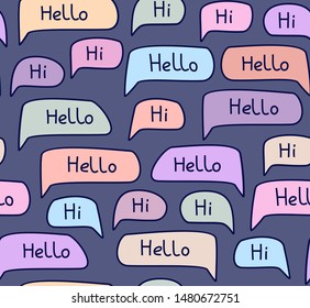 Hello, English, seamless pattern, multi-colored, vector, blue. Colored clouds with the words "Hello" on a blue field. 