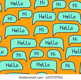 Hello, English, seamless pattern, orange, color, vector. Green clouds with the words "Hello" on the orange field. 