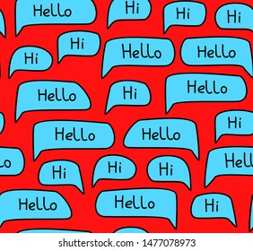 Hello, English, seamless pattern, red, color, vector. Blue clouds with the words 