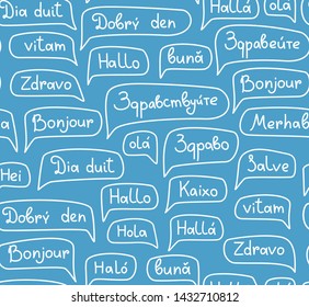 Hello, European languages, seamless pattern, contour drawing, monochrome, blue, vector. The word "Hello" in the cloud. Script. Vector, blue background with white words. Greeting. 