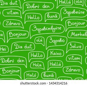 Hello, European languages, seamless pattern, contour drawing, monochrome, green, vector. The word "Hello" in the cloud. Script. Vector, green background with white words. Greeting. 