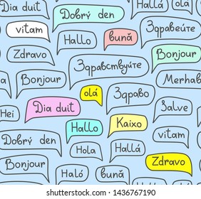 Hello, European languages, seamless pattern, contour drawing, blue, color, vector. The word "Hello" in the cloud. Script. Vector, blue background with gray words. Greeting. 