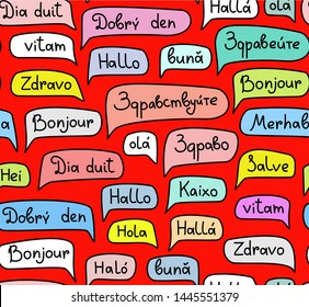 Hello, European languages, seamless pattern, contour drawing, color, red, vector. The word "Hello" in a colored cloud. Different European languages. Colored red background with black words. Script.  