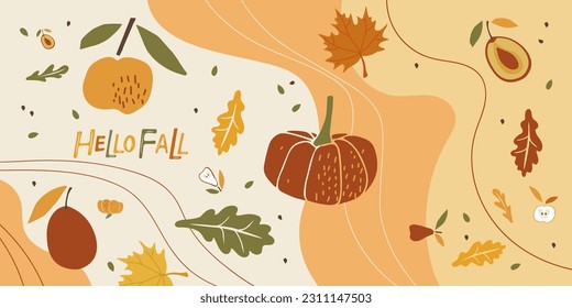 Hello fall. Abstract autumn background. Fall poster with apple, pears, pumpkin, plum, plant in autumn colors. Trendy collage style print For postcard, cover design, brochure, greeting card template