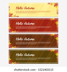 Hello Fall and Autumn Banner Design with Four Colors Background. Vector Illustration. Unique Banner with Red, Orange, and Yellow Maple Clip Art. Vector Editable