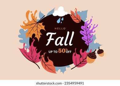 Hello fall. Autumn banner design with colorful falling leaves and place for text. Flat cartoon style. Autumn season sale poster. Vector illustration.