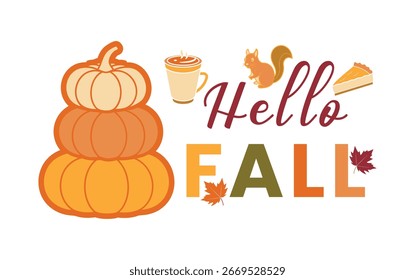 Hello fall autumn greeting with pumpkins and squirrels on white background