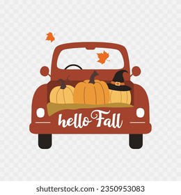 Hello fall. Autumn harvest vintage car truck. Pumpkins inside red car. Vector