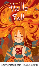 Hello fall, autumn illustration in orange tones, young girl walking in autumn park and drink hot chocolate, poster