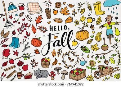 Hello Fall! Autumn Leaves & Objects Hand Drawn Clip Art Set